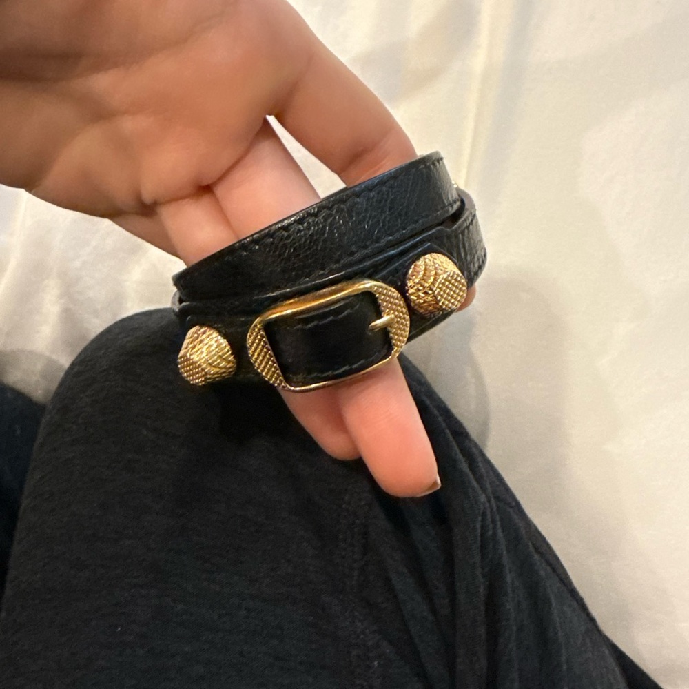Balenciaga Black Leather Bracelet with Gold Accents